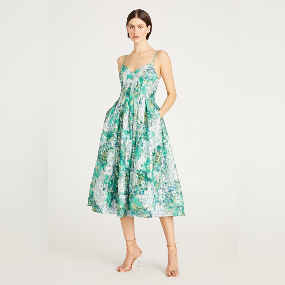 Monique Lhuillier Green and White Spaghetti Strap Sundress